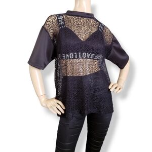 Black Mesh Boxy Sleeve Top With Built In Printed Bra by Fox Red